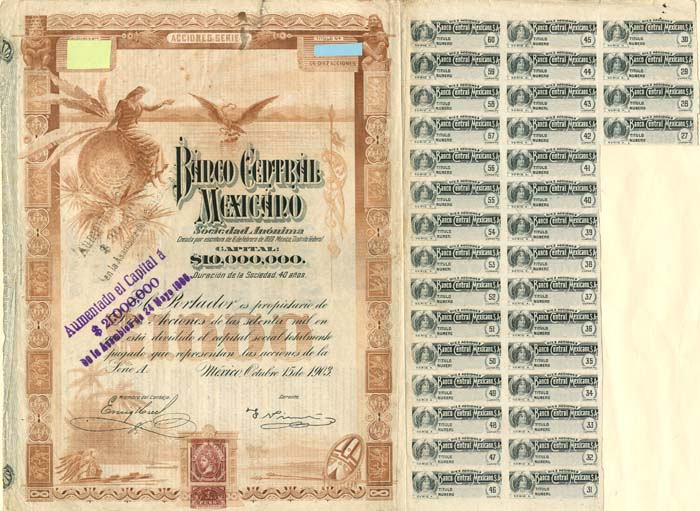 "Queen Blueberry" Banco Central Mexicano - 10 Shares 1,000 Pesos Blueberries - Dividend Stock Certificate